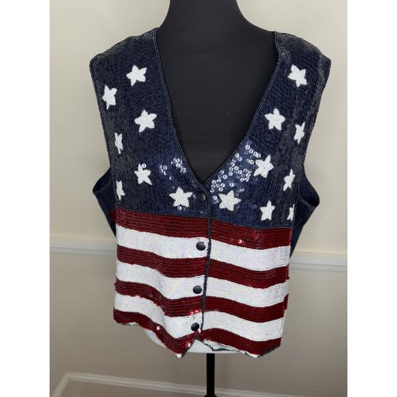 The Quaker Factory‎ Sequins Vest Red White Blue flag 4th of July & flags USA, 1X - Picture 1 of 10